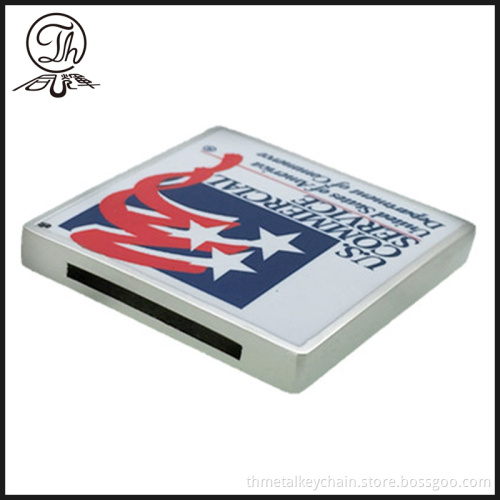 Odd shape metal plate accessory with print logo